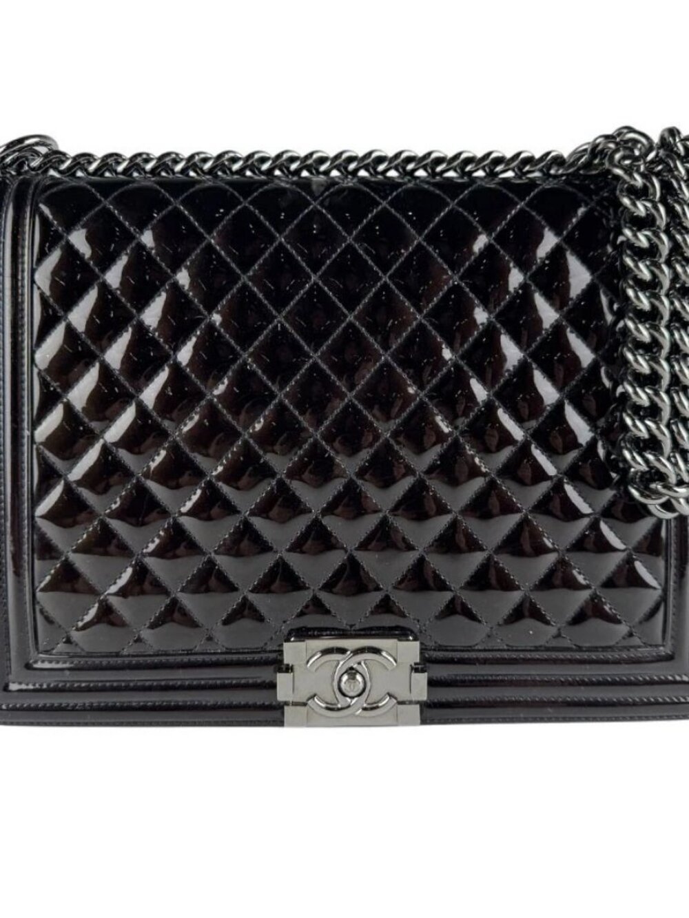 CHANEL Boy Bag Large Chian Shoulder Bag Black Patent Leather/Metal